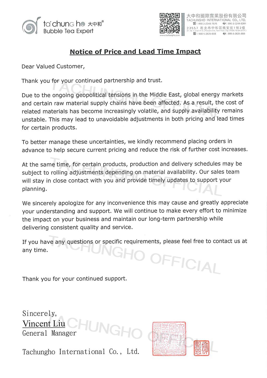 Notice of Price and Lead Time Impact