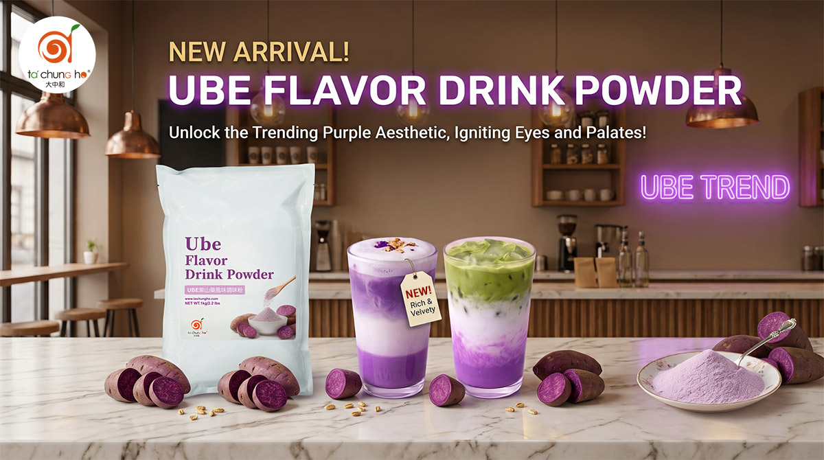 New Arrival: Tachungho Ube Flavor Drink Powder packaging with vibrant layered ube drinks and purple yam