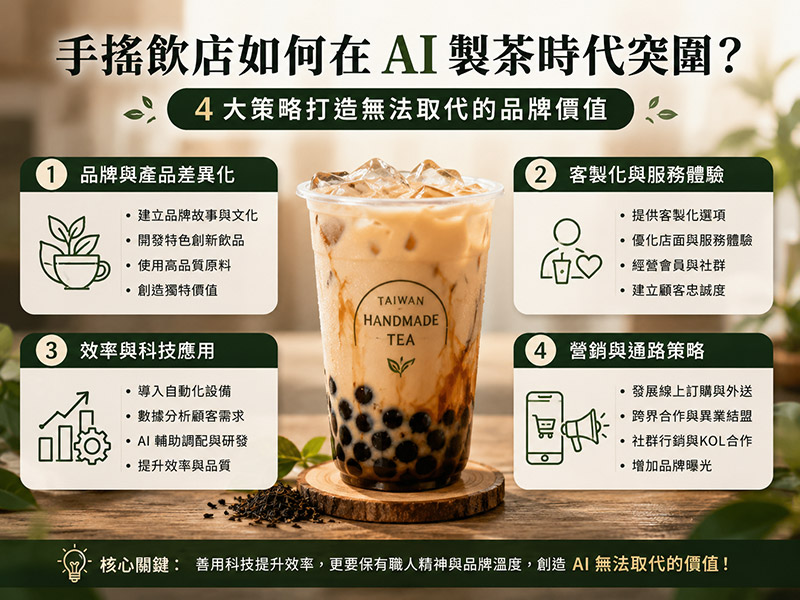 手搖飲店面對AI製茶競爭的4大轉型策略，包括品牌差異化、客製化服務、科技應用與行銷通路布局