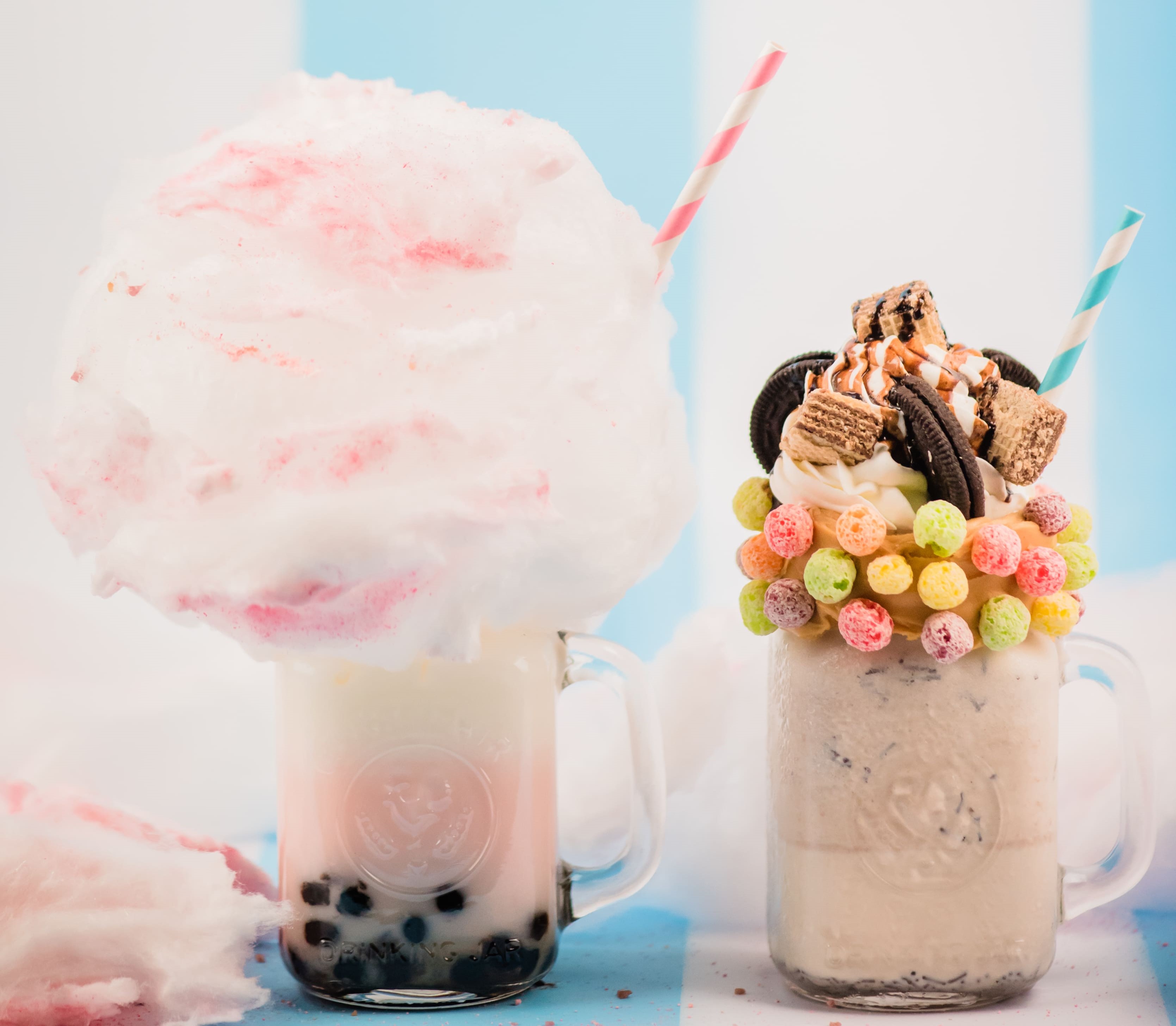Bubble tea!! Spring Lovely Drinks~ Boba Milk whit Cotton Candy & Caramel Coffee Milk Shake